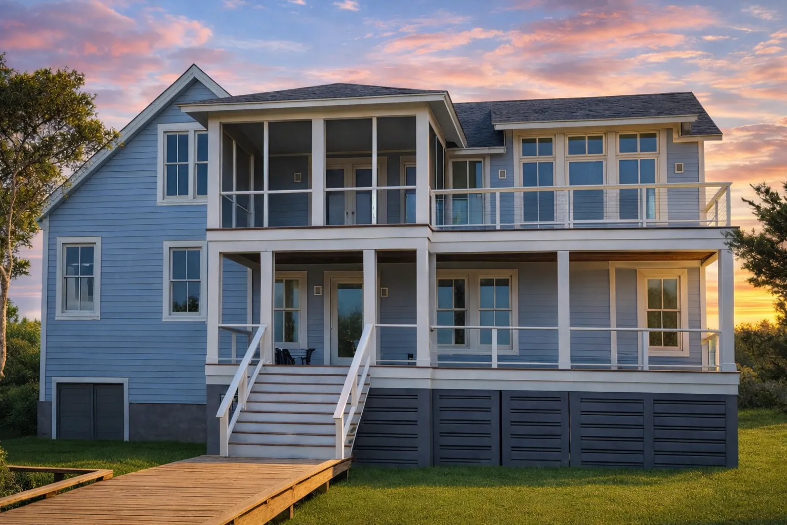 Front exterior view of an elevated Coastal Low Country style home with horizontal lap siding, double stacked porches, and classic Southern architecture