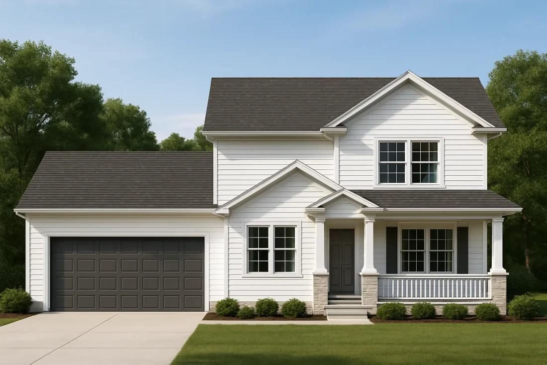 Front elevation of a Traditional Colonial style two-story home with blue siding, red shutters, and a covered front porch entry