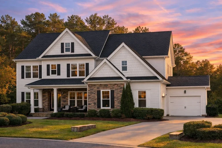 Front elevation of a Colonial Revival style home with brick facade, clapboard siding, symmetrical windows, and traditional entry