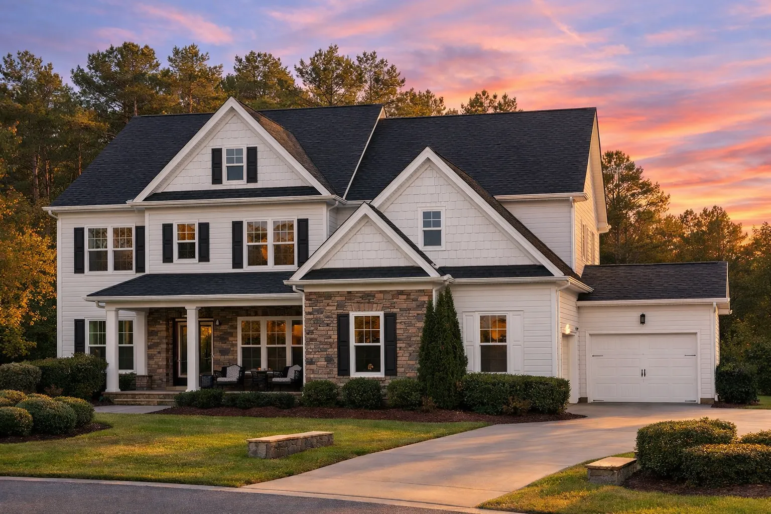 Front elevation of a Colonial Revival style home with brick facade, clapboard siding, symmetrical windows, and traditional entry