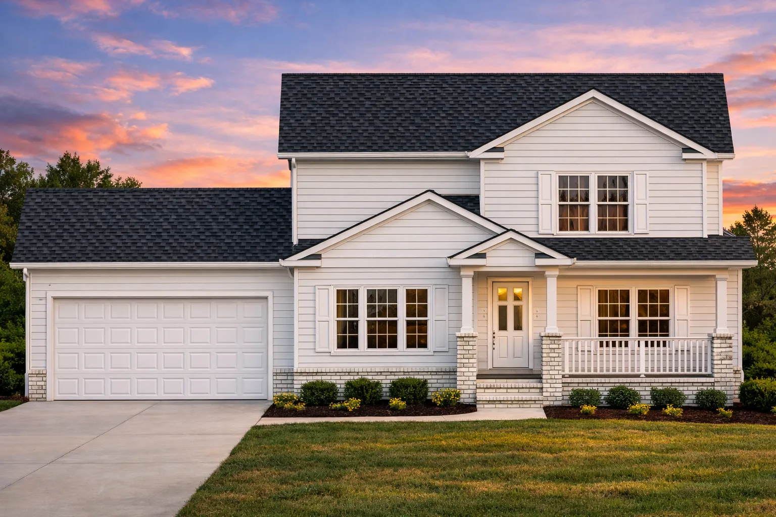 Front elevation of a Traditional Colonial style two-story home with blue siding, red shutters, and a covered front porch entry