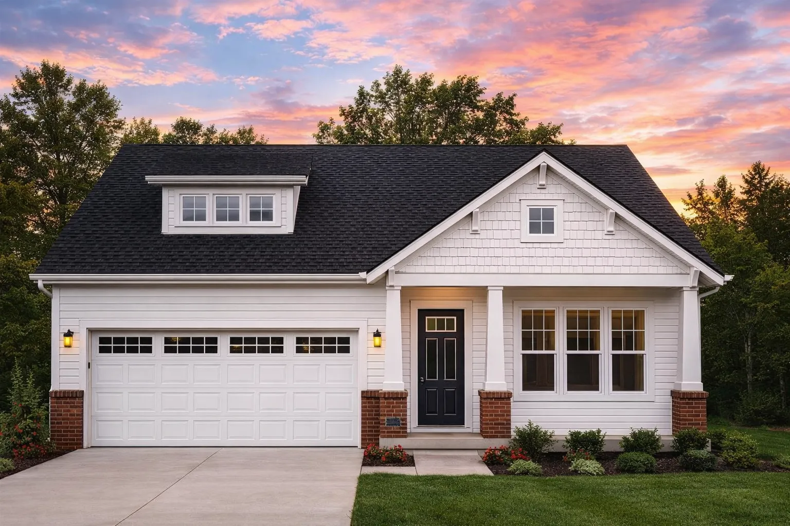 Front elevation of a Tudor Revival home featuring brick exterior, stone entry accents, steep gabled rooflines, and symmetrical windows
