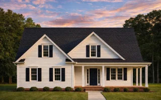 Front view of a Cape Cod style home featuring blue horizontal lap siding, yellow shutters, a steep gable roof, and a covered front porch entry.