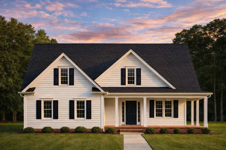 Front view of a Cape Cod style home featuring blue horizontal lap siding, yellow shutters, a steep gable roof, and a covered front porch entry.