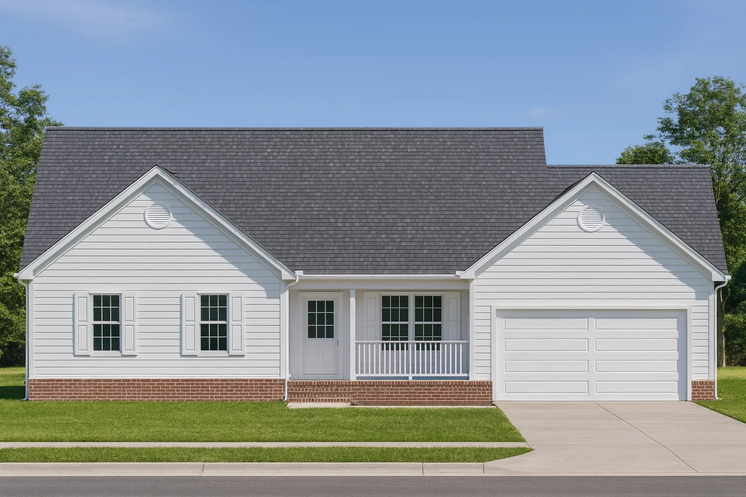 Front elevation of a Modern Farmhouse ranch-style home featuring board and batten siding, horizontal lap siding, black windows, and an attached two-car garage