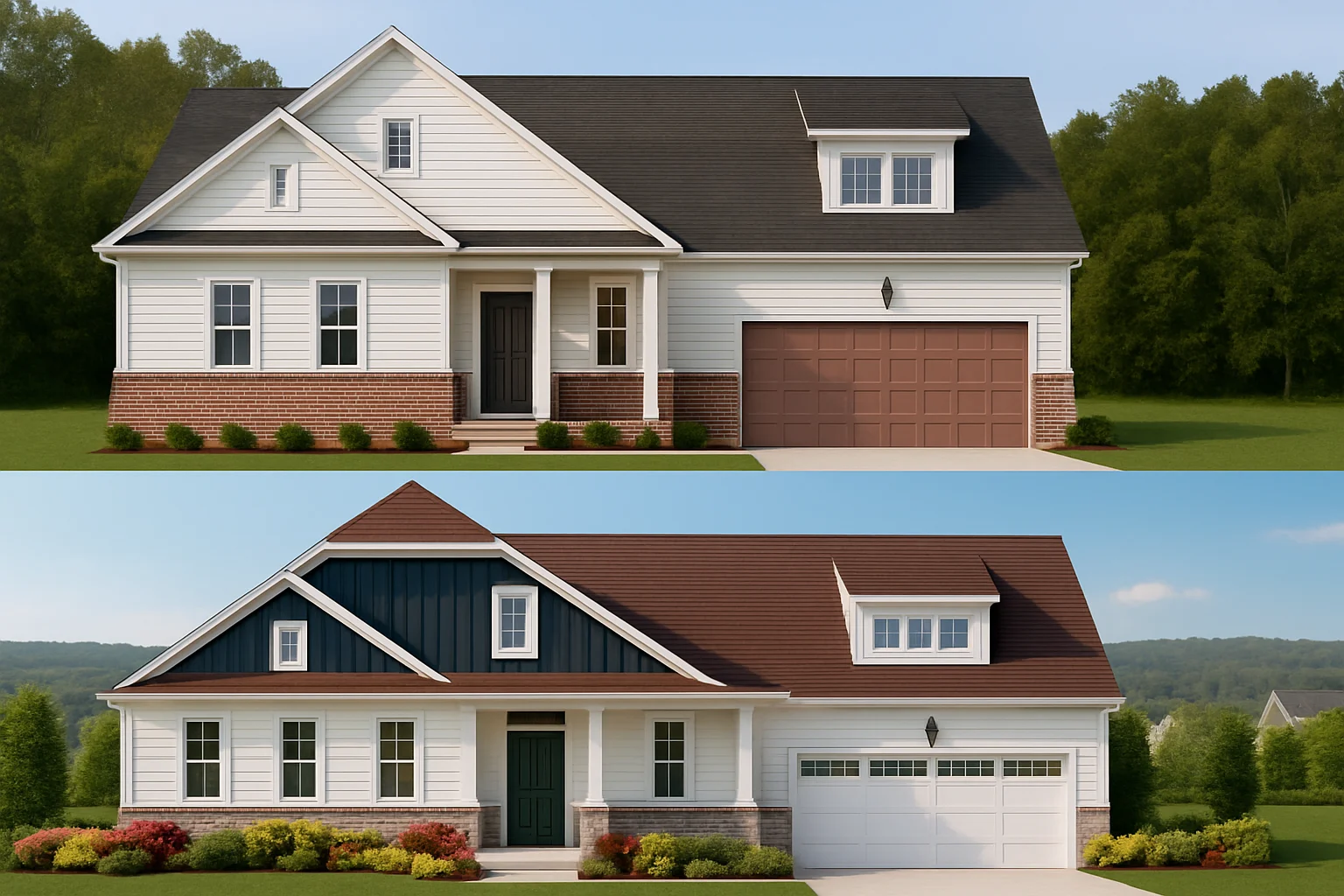 Front elevation of New American Modern Traditional house with horizontal lap siding, board-and-batten gables, stone wainscoting, and front-entry garage