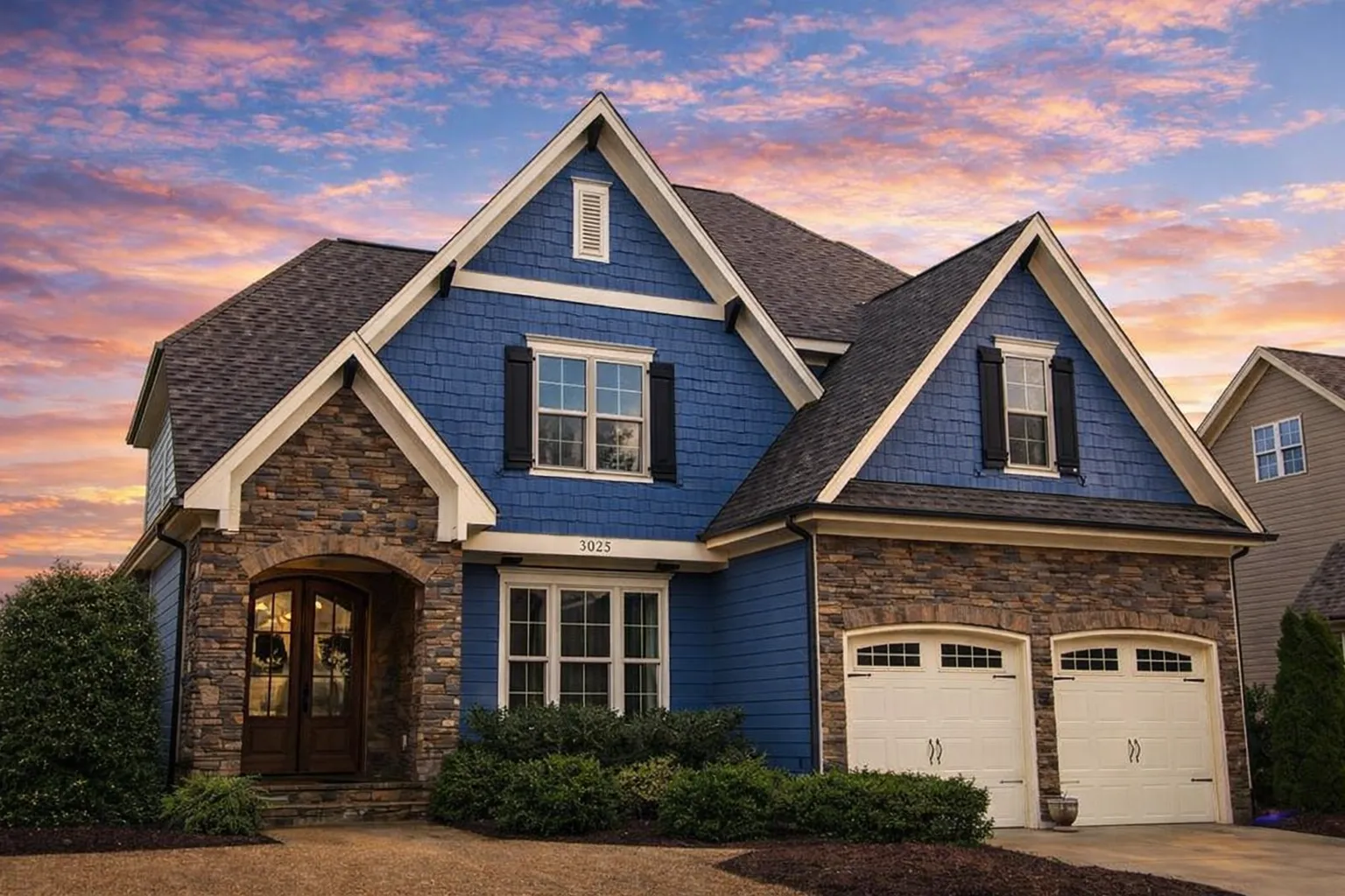 Front elevation of a Tudor Revival style home featuring brick exterior, stone accents, steep gabled rooflines, and arched entry