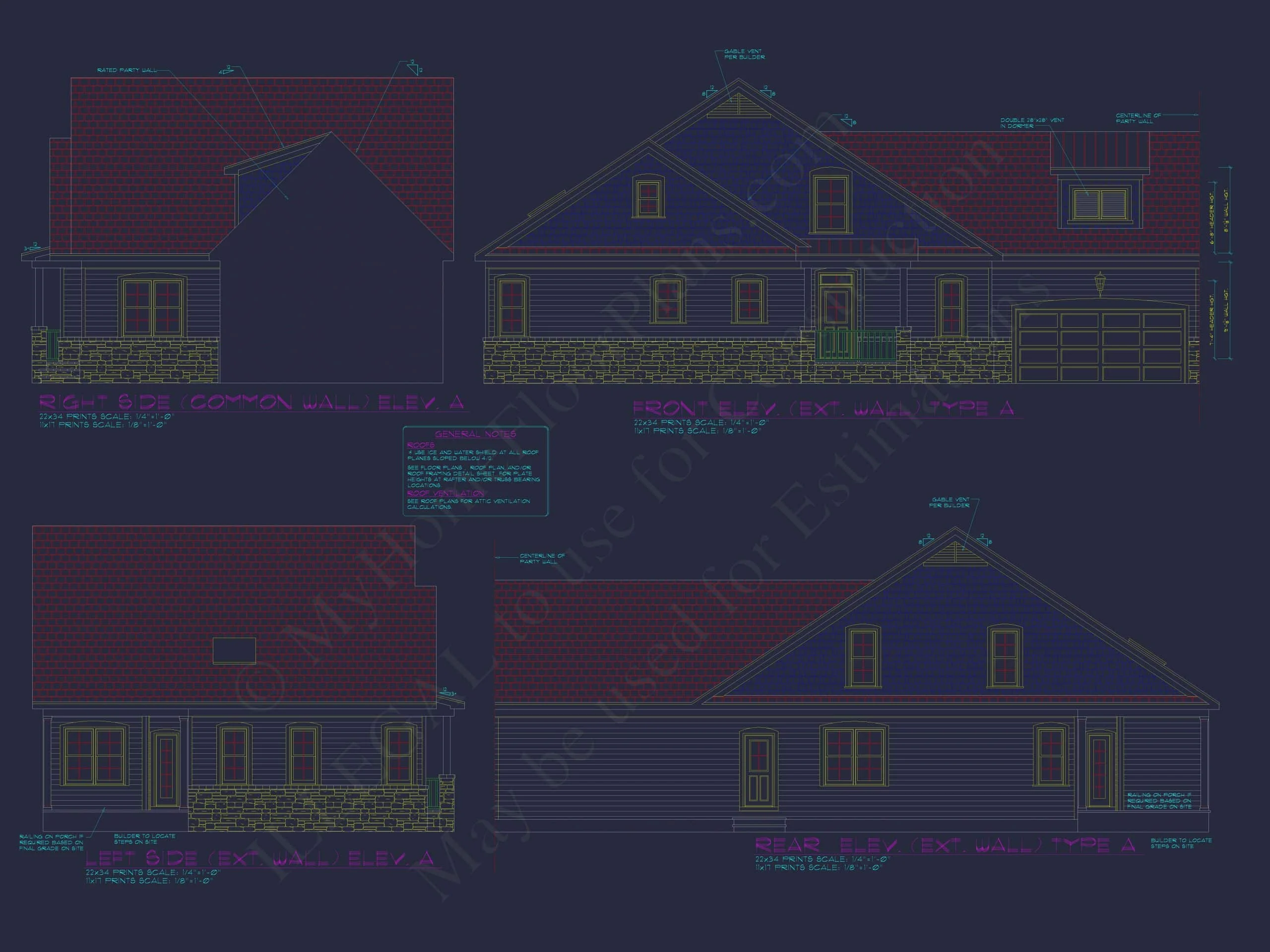 11-1314 DUPLEX PLAN-New American House Plan - 3-Bed, 2.5-Bath, 2,300 SF 4 Modern 1.5-Story Duplex House Plan with CAD Designs & Vaulted Living Spaces