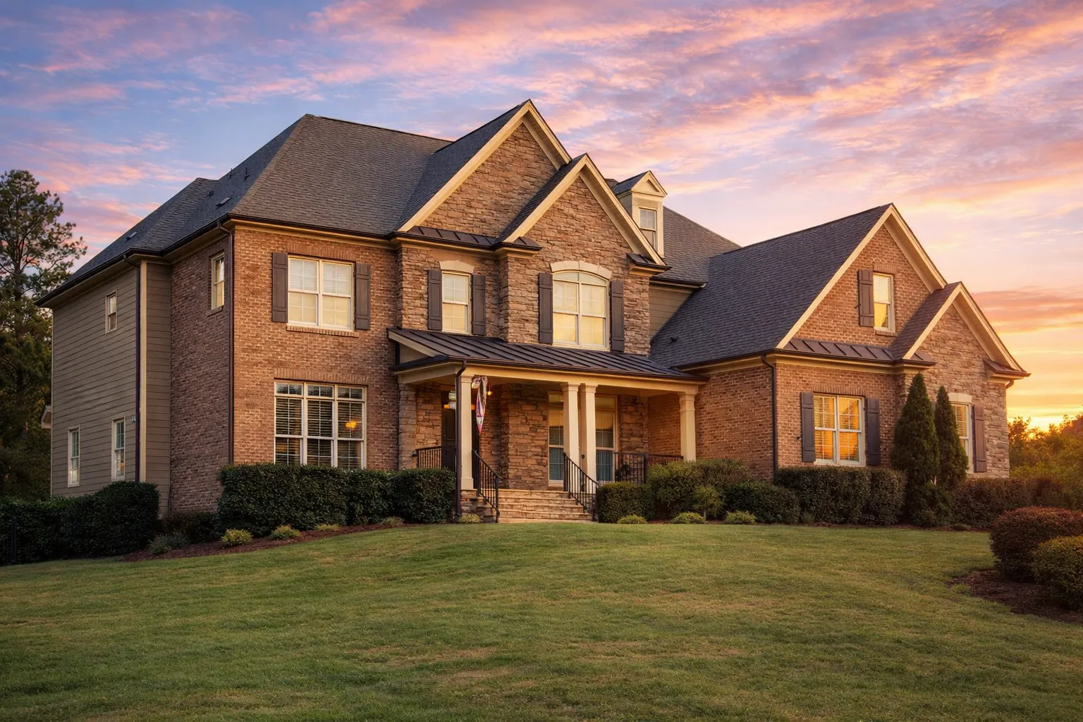 Front elevation of a Traditional Colonial New American home with brick exterior, stone detailing, symmetrical windows, and covered front porch
