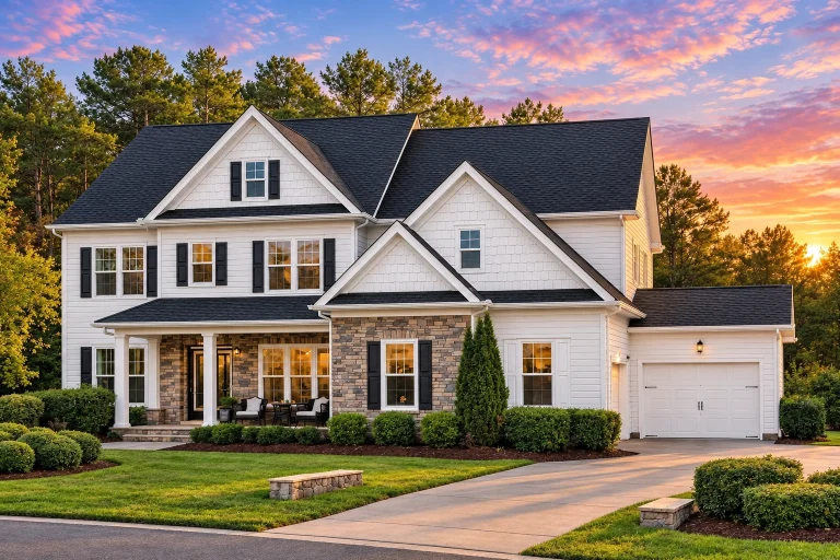 Front elevation of a Colonial Revival style home with brick facade, clapboard siding, symmetrical windows, and traditional entry