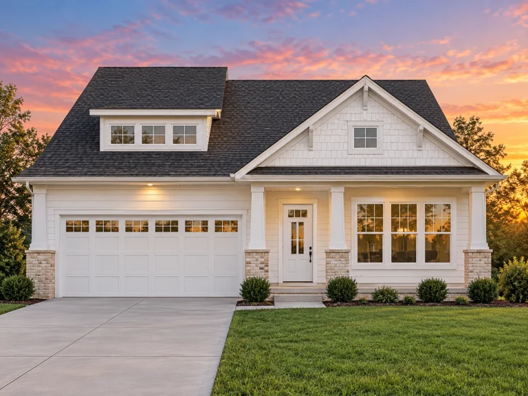 Townhome Floor Plans 14 Front elevation of a Tudor Revival home featuring brick exterior, stone entry accents, steep gabled rooflines, and symmetrical windows