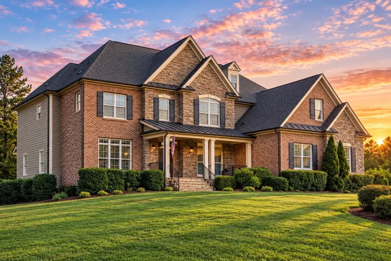 Front elevation of a Traditional Colonial New American home with brick exterior, stone detailing, symmetrical windows, and covered front porch