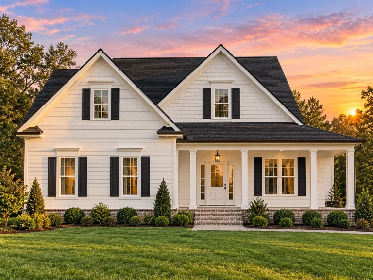 Front view of a Cape Cod style home featuring blue horizontal lap siding, yellow shutters, a steep gable roof, and a covered front porch entry.