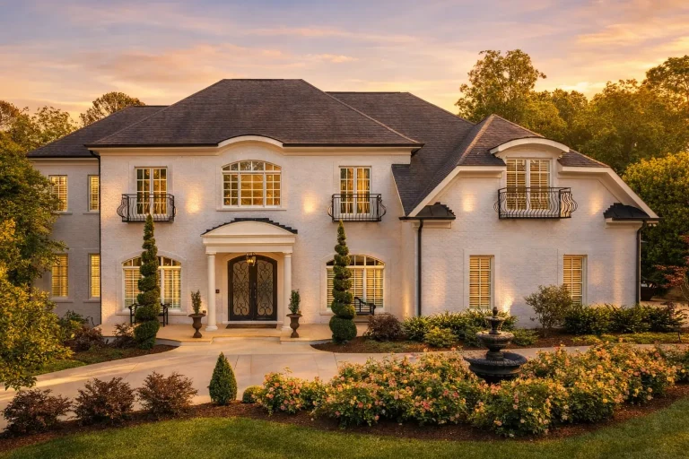 Front elevation of a French Provincial Neo-Classical luxury home with painted brick exterior, arched windows, and symmetrical European façade