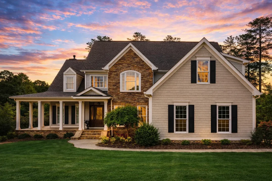 Front view of a Traditional Colonial style two-story home with full brick exterior, gabled rooflines, and arched windows