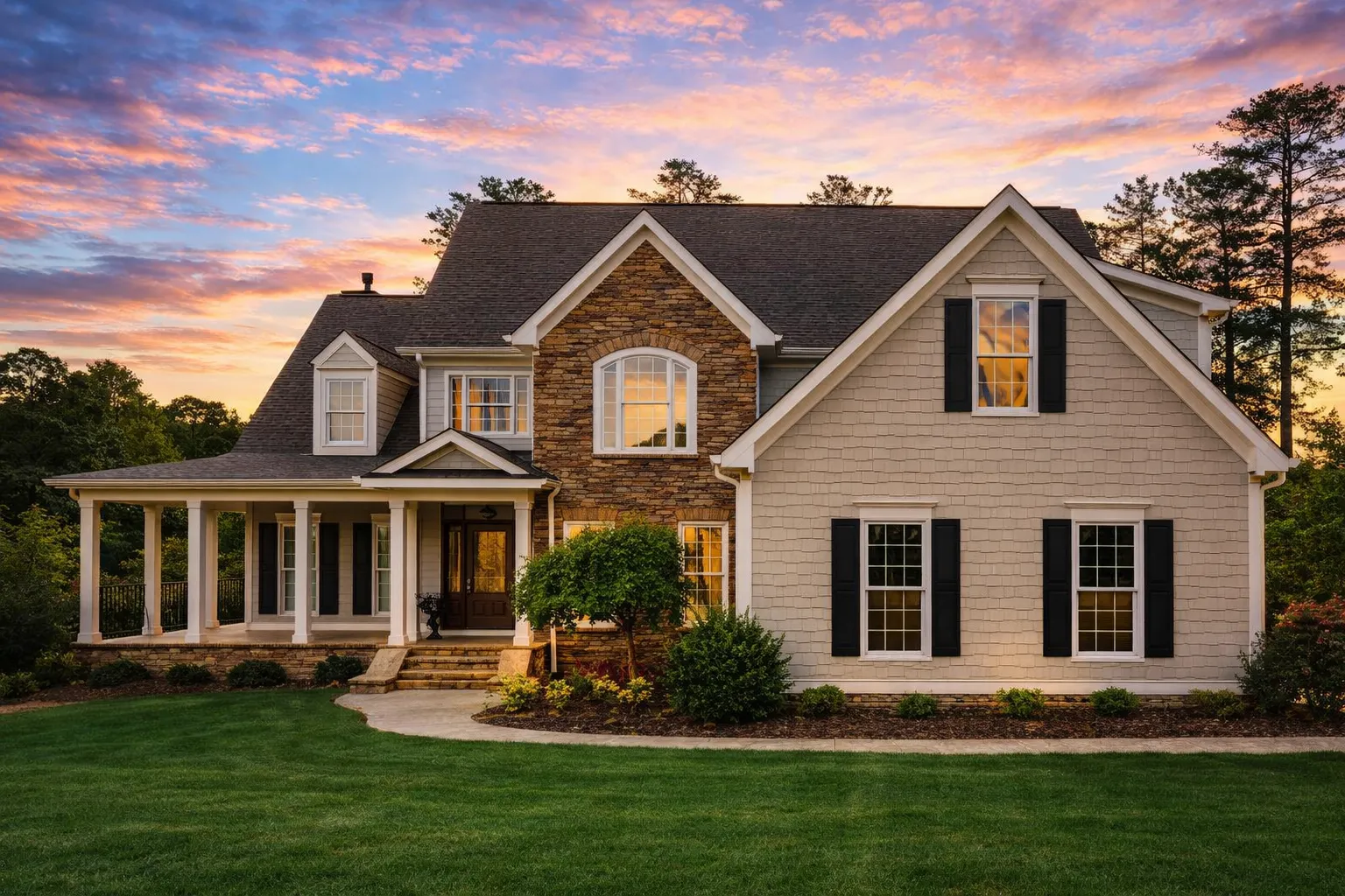 Front view of a Traditional Colonial style two-story home with full brick exterior, gabled rooflines, and arched windows