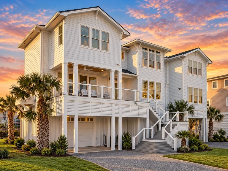 Front elevation of a coastal beach house with raised pier foundation, horizontal lap siding, dual staircases, and large covered porches