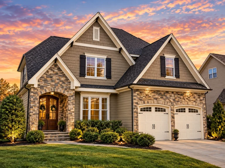 French Country Farmhouse Plans 3 Front elevation of a Tudor Revival style home featuring brick exterior, stone accents, steep gabled rooflines, and arched entry