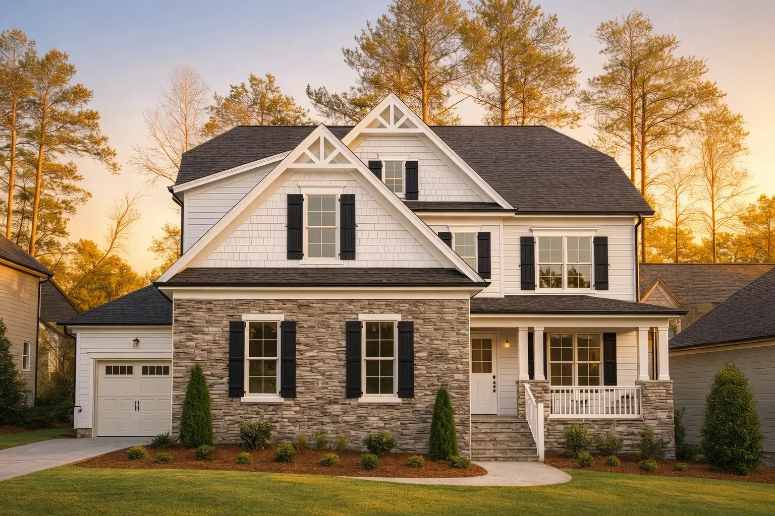 Front elevation of Modern Farmhouse style home with stone veneer, board and batten siding, covered porch, and gabled rooflines