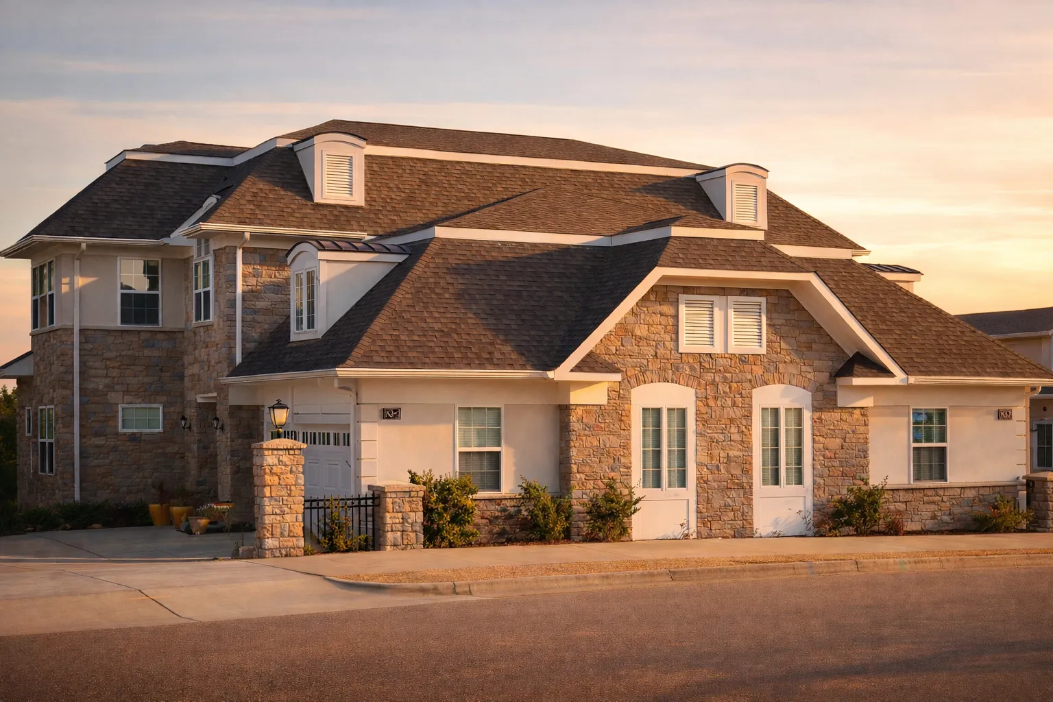 French Country style home exterior with natural stone facade, steep hipped roof, dormer windows, and European-inspired detailing