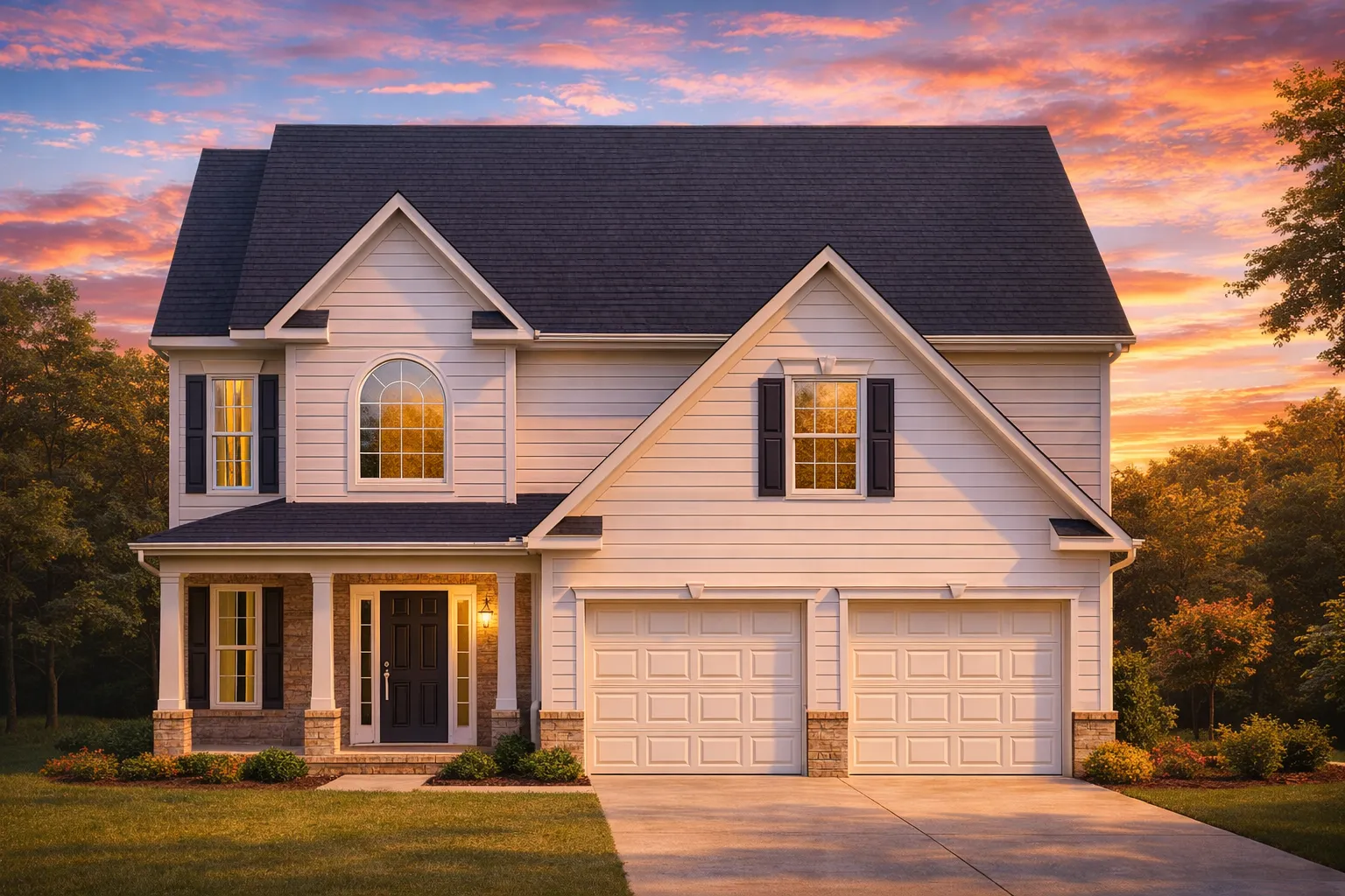 Front view of a Traditional Colonial style home featuring a mix of horizontal siding and brick accents with a front porch and double garage