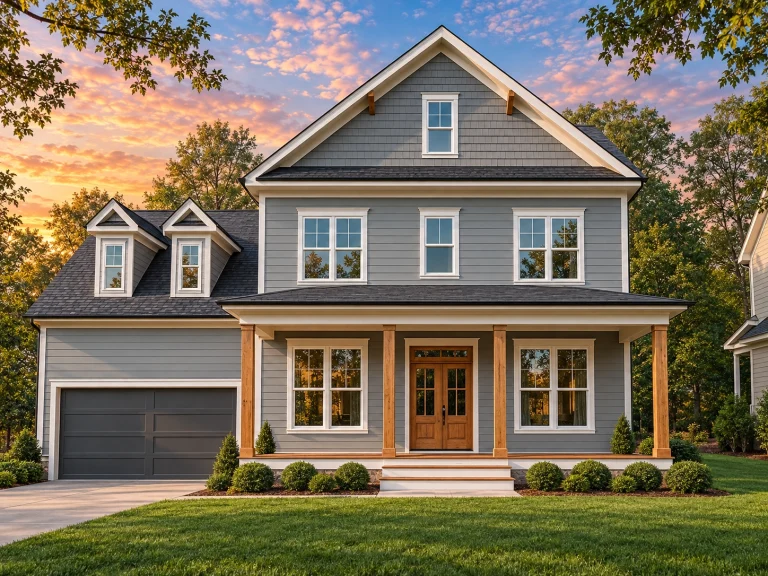 Front elevation of a New American modern traditional house with Craftsman details, lap siding, shingle gables, covered porch, and attached garage