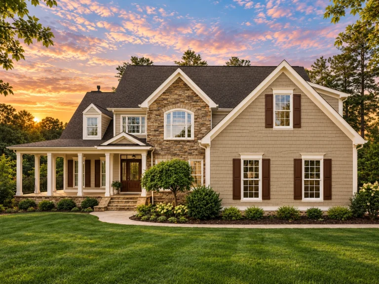 Front view of a Traditional Colonial style two-story home with full brick exterior, gabled rooflines, and arched windows