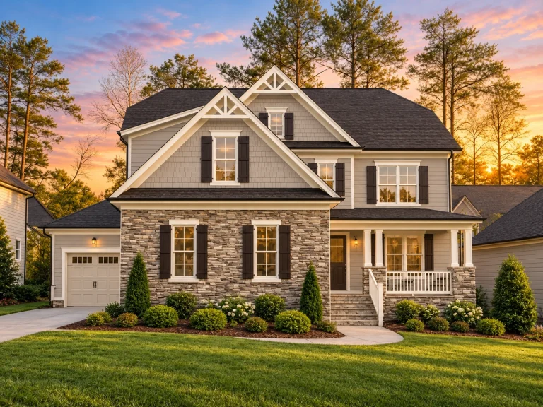 Front elevation of Modern Farmhouse style home with stone veneer, board and batten siding, covered porch, and gabled rooflines