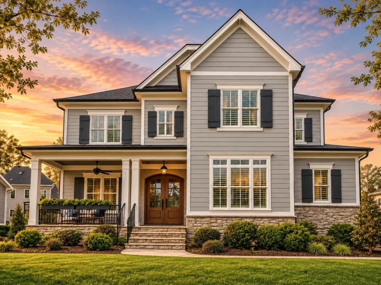 Tudor House Plans 14 Front exterior of a New American modern traditional house featuring horizontal siding, shingle gables, black shutters, and a welcoming covered porch