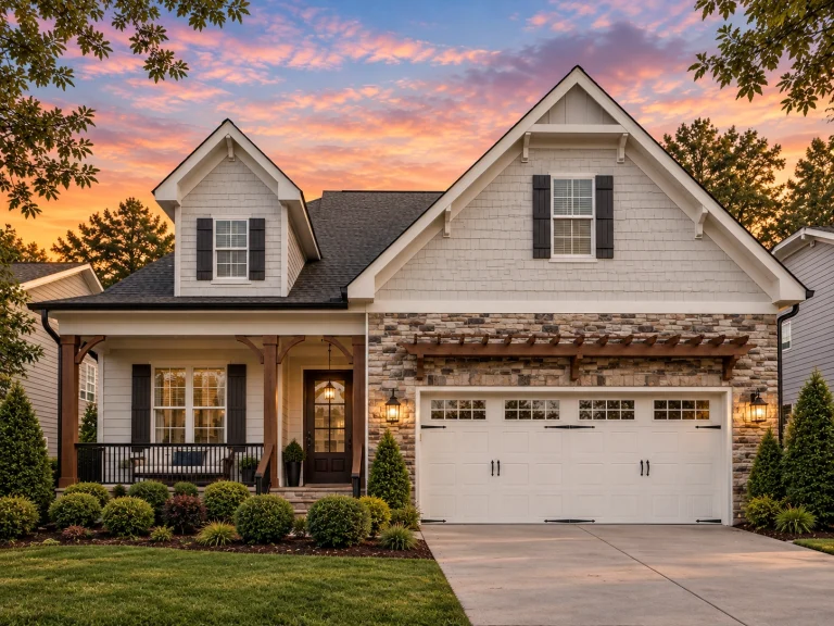 Front elevation of a New American Cape Cod style home with shingle siding, stone accents, dormer windows, and a two-car garage