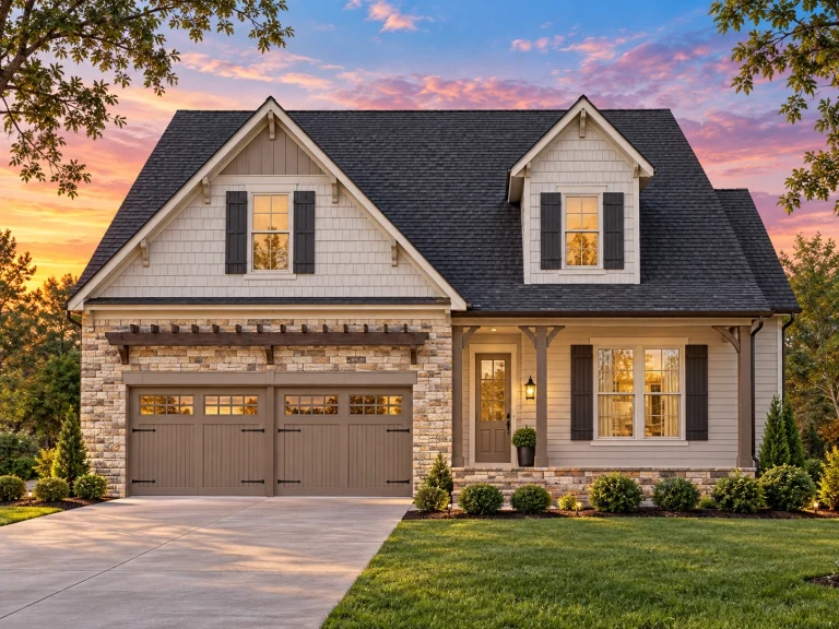 House Plans with Spacious Laundry Room 2 Front elevation of a Craftsman Cottage style home featuring shingle siding, stone accents, gabled rooflines, and a welcoming covered porch