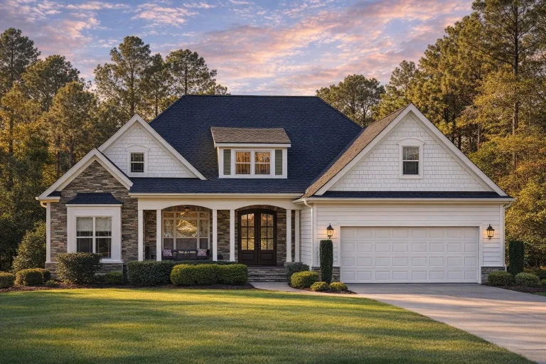 Front elevation of a New American Modern Traditional style home featuring a mix of siding and stone veneer, welcoming porch, and gabled roofline