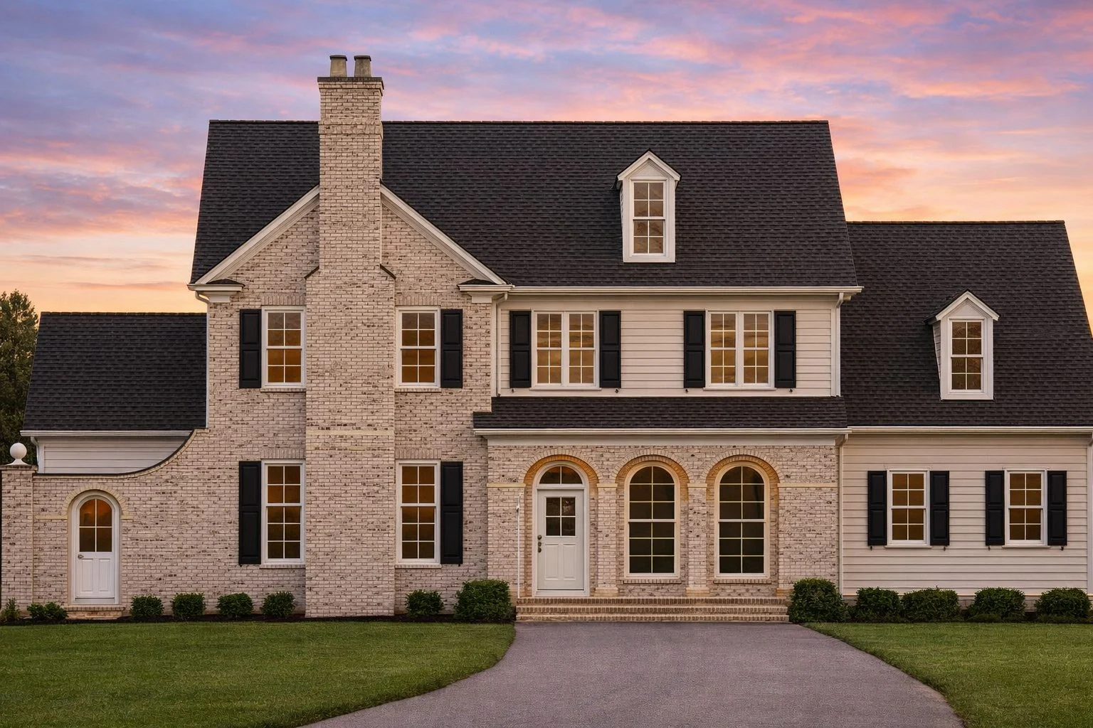 Front elevation of a Georgian Colonial style home featuring red brick exterior, symmetrical windows, arched entry details, and traditional shutters
