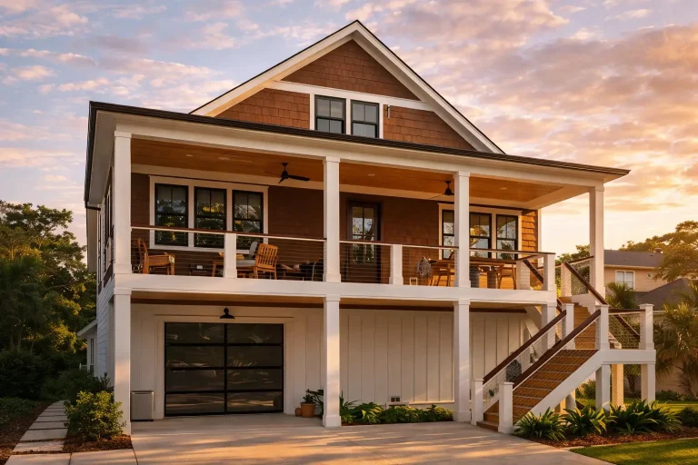 Front elevation of a Coastal Traditional shingle style house with double porches, board and batten siding, elevated foundation, and balcony railings