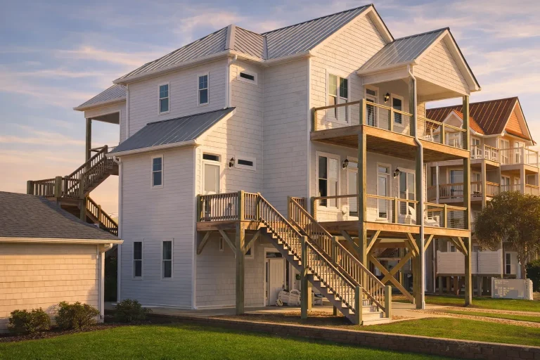 Elevated coastal beach house with white horizontal siding, metal roof, exterior staircases, and stacked covered porches designed for seaside living