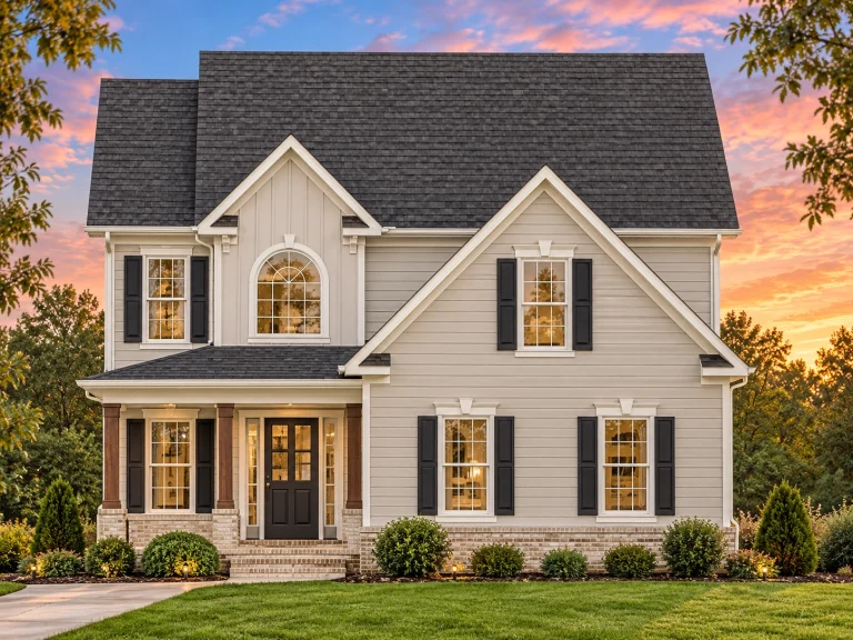 Top Designer-Approved House Plans 14 Front view of a Traditional Colonial style home featuring a mix of horizontal siding and brick accents with a front porch and double garage