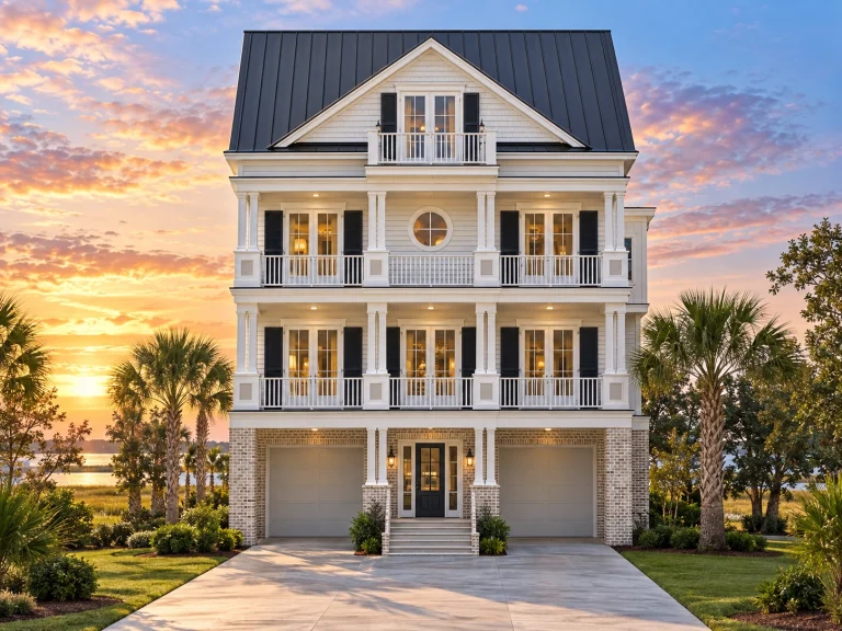 Front elevation of a Charleston style Southern home featuring stacked double porches, classical columns, and symmetrical siding exterior