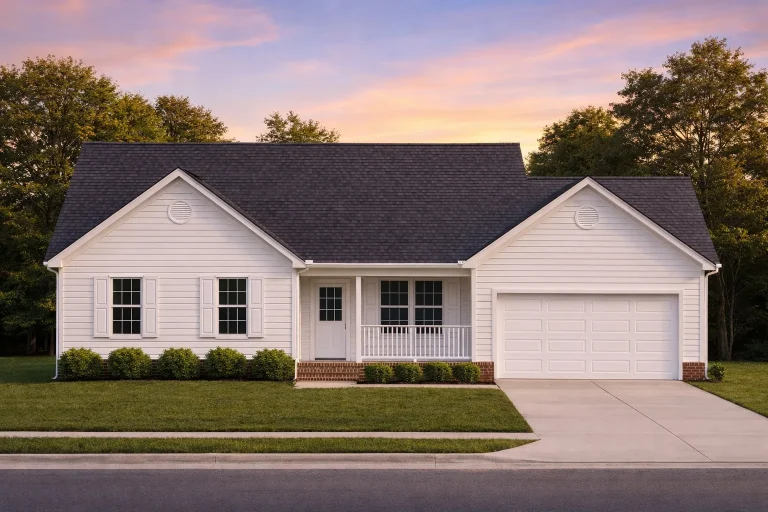 Front elevation of a Modern Farmhouse ranch-style home featuring board and batten siding, horizontal lap siding, black windows, and an attached two-car garage