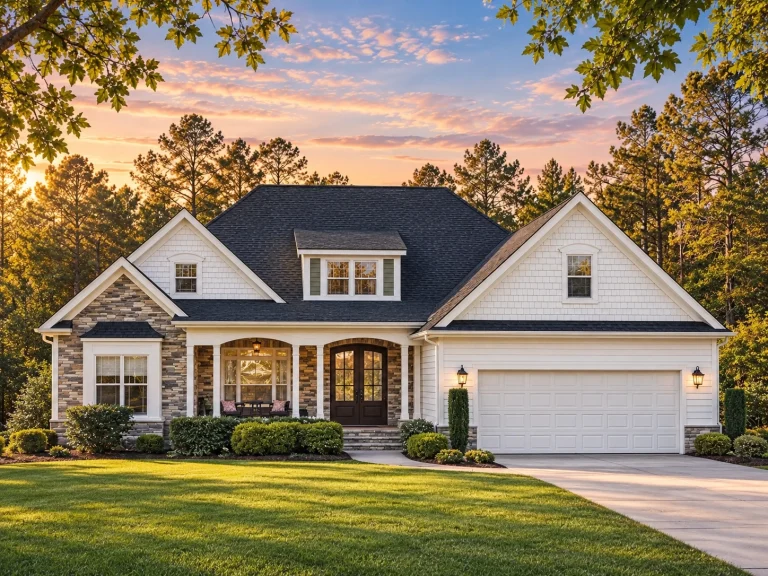 Front elevation of a New American Modern Traditional style home featuring a mix of siding and stone veneer, welcoming porch, and gabled roofline