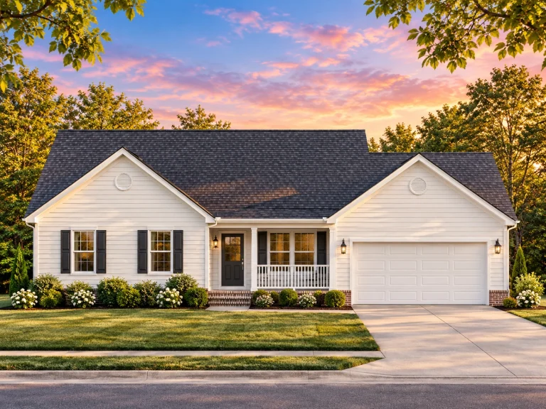 Modern Suburban House Plans 24 Front elevation of a Modern Farmhouse ranch-style home featuring board and batten siding, horizontal lap siding, black windows, and an attached two-car garage