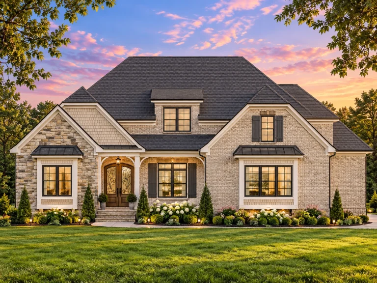 Front elevation of a New American Traditional style home featuring brick and stone exterior, gabled roof, symmetrical windows, and covered entry porch