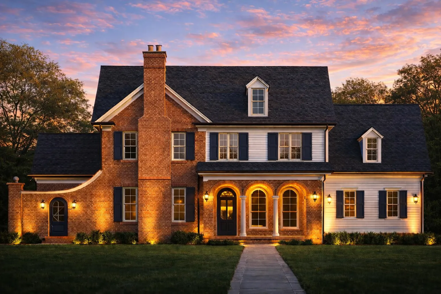House Plans with Wraparound Porch 9 Front elevation of a Georgian Colonial style home featuring red brick exterior, symmetrical windows, arched entry details, and traditional shutters