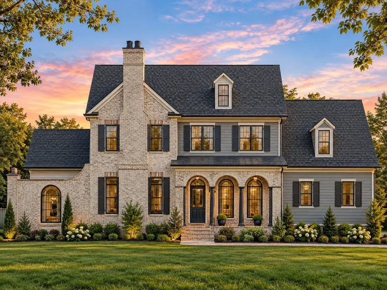 Front elevation of a Georgian Colonial style home featuring red brick exterior, symmetrical windows, arched entry details, and traditional shutters