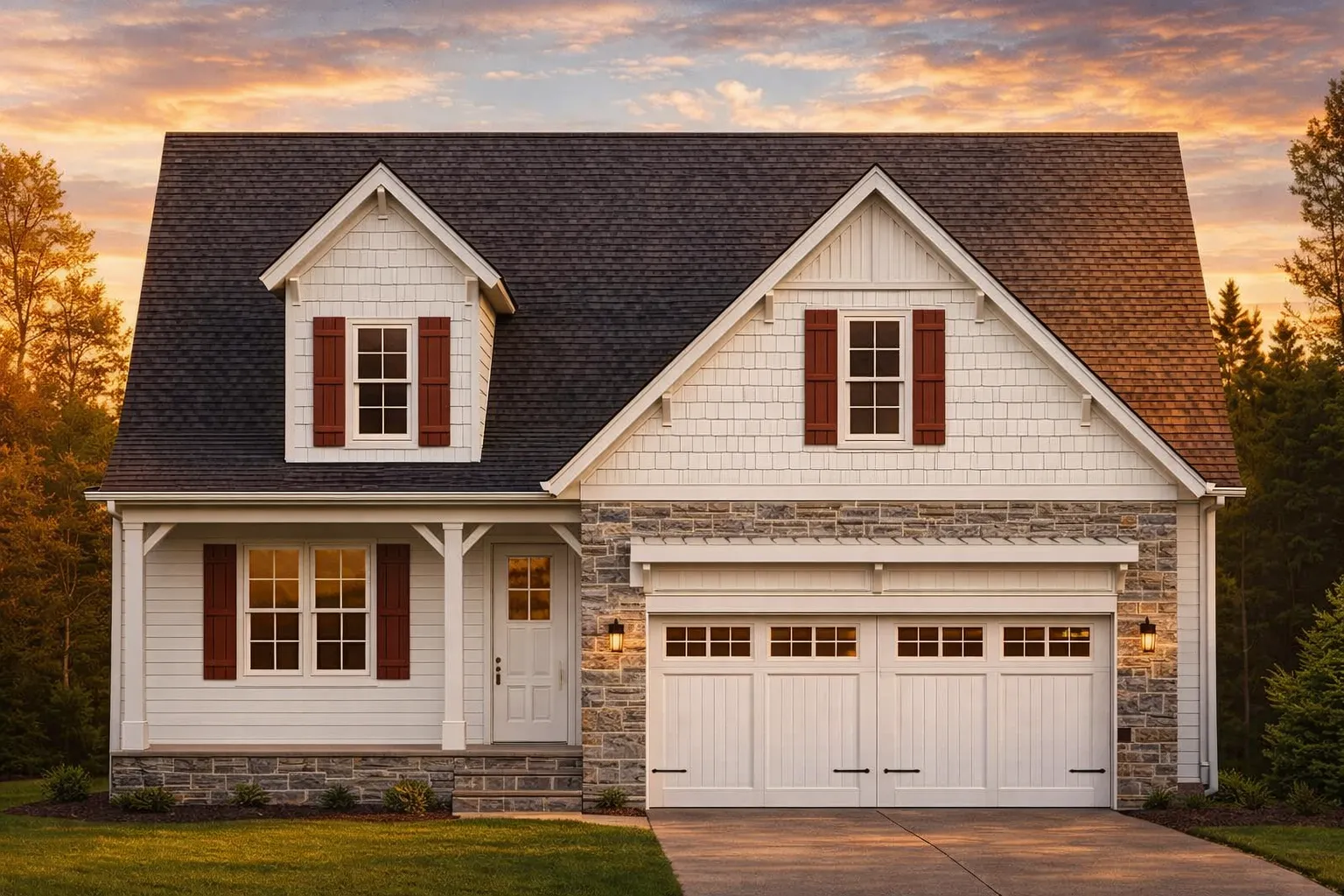 Front elevation of a New American Cape Cod style home with shingle siding, stone accents, dormer windows, and a two-car garage