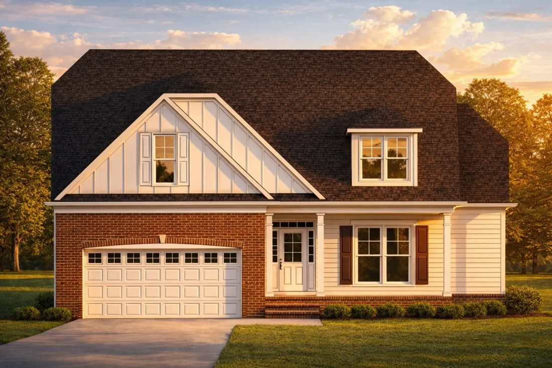 Front view of a Dutch Colonial style home featuring stone base, board-and-batten and horizontal siding, dark architectural roof, and classic symmetry