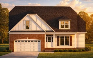 Front view of a Dutch Colonial style home featuring stone base, board-and-batten and horizontal siding, dark architectural roof, and classic symmetry