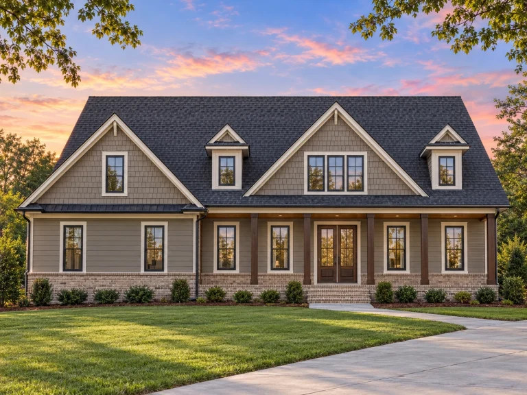Front elevation of a Colonial style home featuring horizontal lap siding, symmetrical windows, steep gable roof, and a full-width covered porch