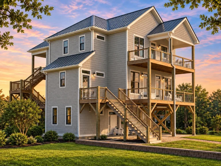 Low Country House Plans 25 Elevated coastal beach house with white horizontal siding, metal roof, exterior staircases, and stacked covered porches designed for seaside living