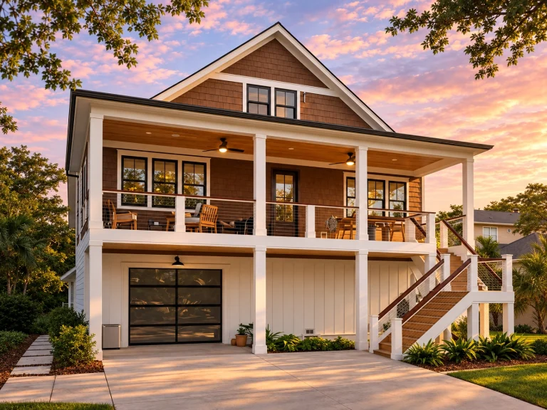 Low Country House Plans 22 Front elevation of a Coastal Traditional shingle style house with double porches, board and batten siding, elevated foundation, and balcony railings