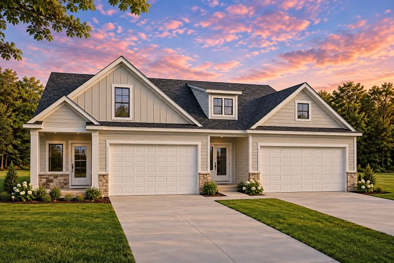 Front view of a Modern Farmhouse with Craftsman details featuring board and batten siding, stone accents, and a three-car garage under a steep gable roofline